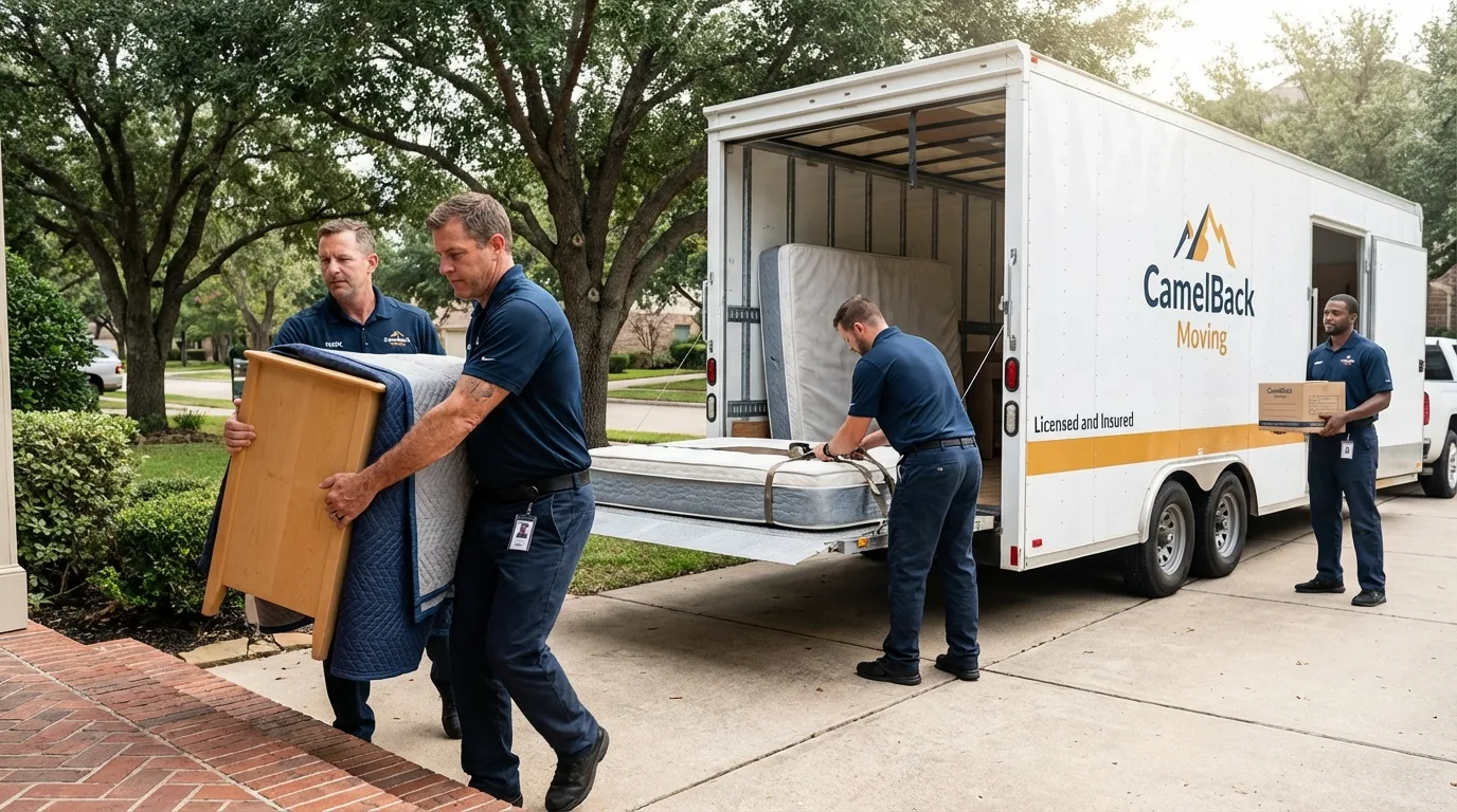 Crew loading residential truck for cross-state move from Rusk, TX