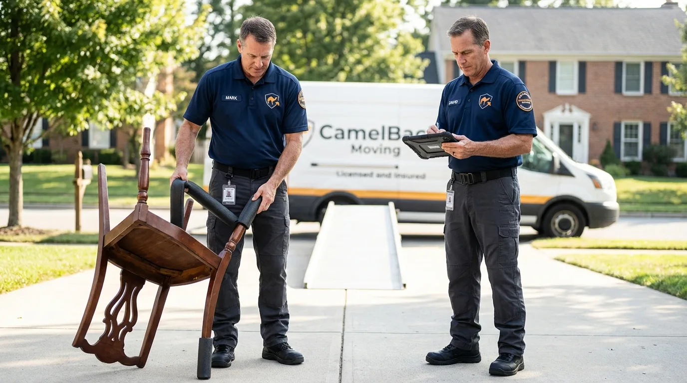 Movers inspecting furniture for damage prevention before loading in Rusk, TX