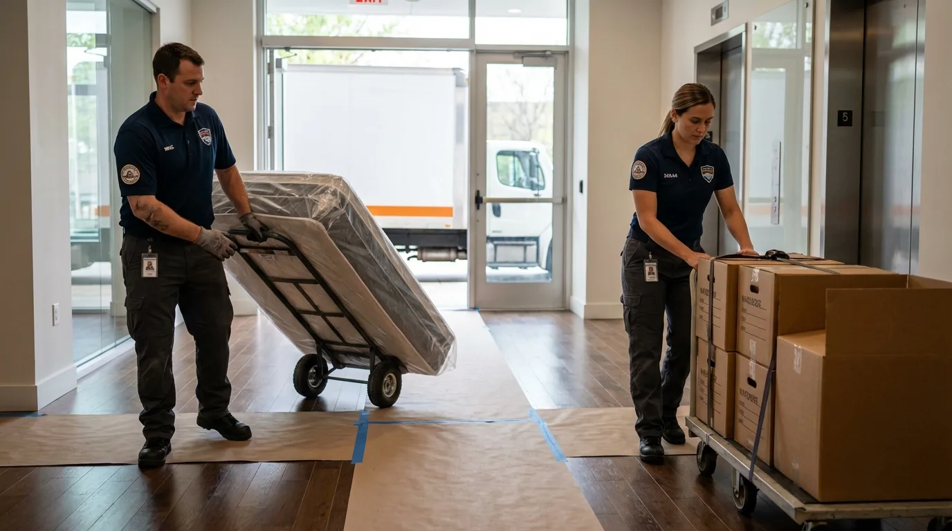 Professional apartment movers loading elevator in Rusk, TX