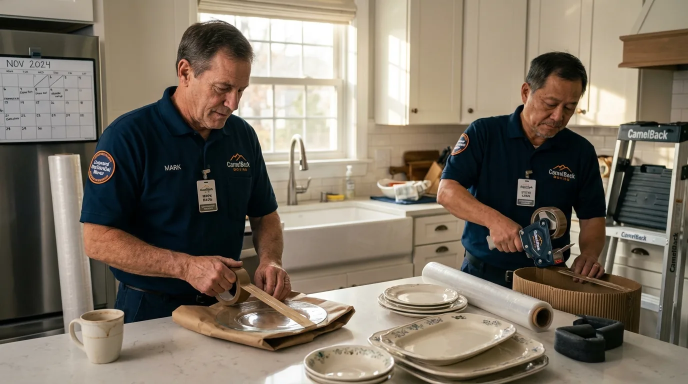 Professional crew packing kitchen dishware in Rusk, TX